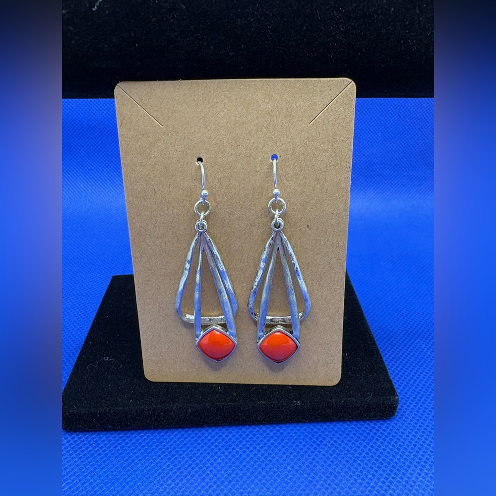 Vintage Style Silver Tone Drop Earrings Red Cabochon Geometric